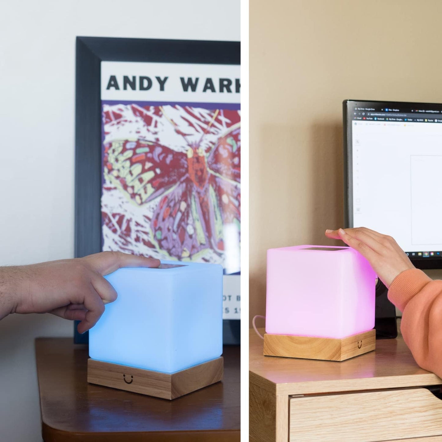 Dacida Cube Friendship Lamp v2 Extended WiFi Range - Bluetooth Setup - Wood & Glass Design (Set of Two, Walnut)