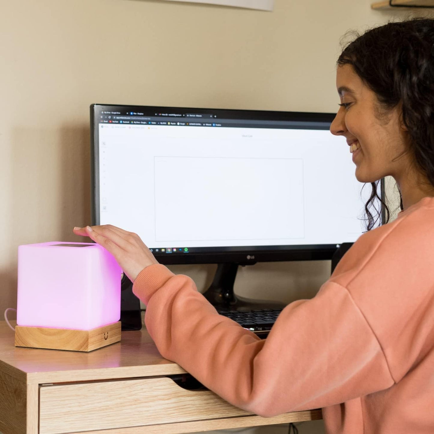 Dacida Cube Friendship Lamp v2 Extended WiFi Range - Bluetooth Setup - Wood & Glass Design (Set of Two, Walnut)