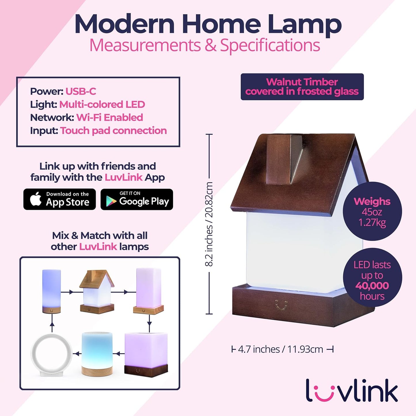 Dacida Home Friendship Lamp v2 Extended WiFi Range - Bluetooth Setup - Wood & Glass Design (Set of Two, Natural)