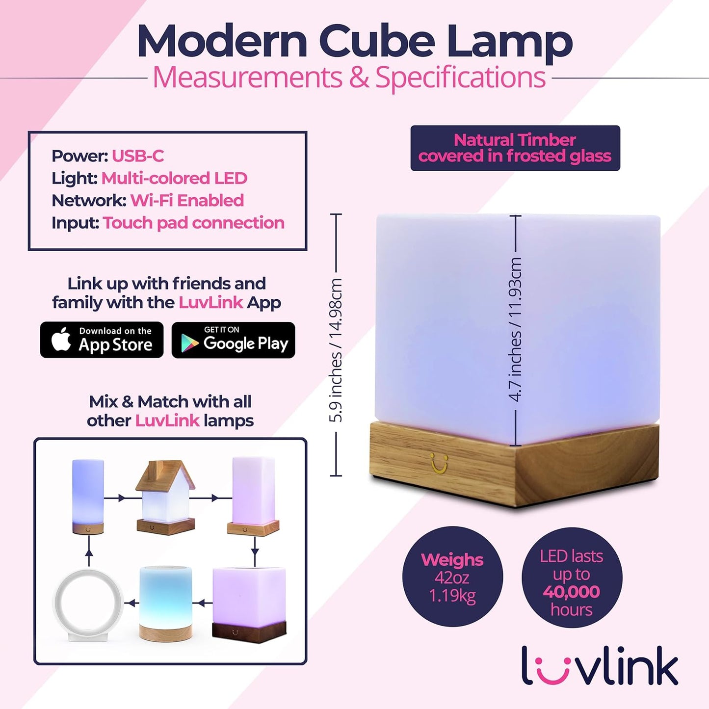 Dacida Cube Friendship Lamp v2 Extended WiFi Range - Bluetooth Setup - Wood & Glass Design (Set of Two, Walnut)